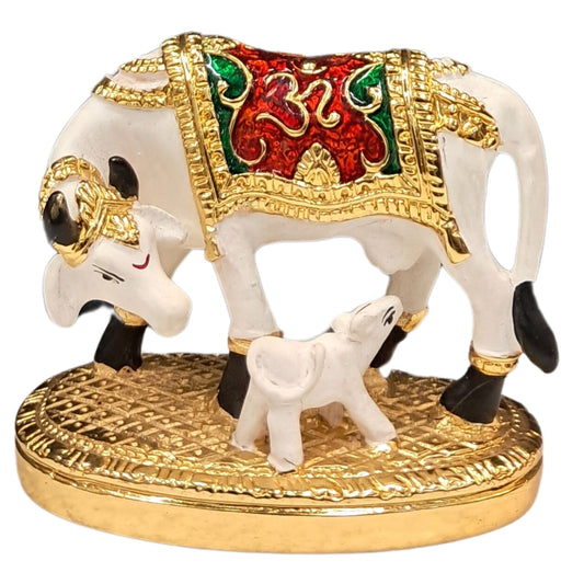 Luxury Sacred Kamdhenu Cow and Calf Set | Gold-Plated Base with Meenakari Work | Vastu Collection